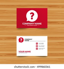 Business card template. Question mark sign icon. Help speech bubble symbol. FAQ sign. Phone, globe and pointer icons. Visiting card design. Vector