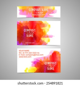 Business card template. Rad and yellow watercolor texture. Abstract splash. Place for your text, logo, name. Vector.