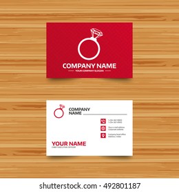 Business card template. Ring sign icon. Jewelry with diamond symbol. Wedding or engagement day symbol. Phone, globe and pointer icons. Visiting card design. Vector