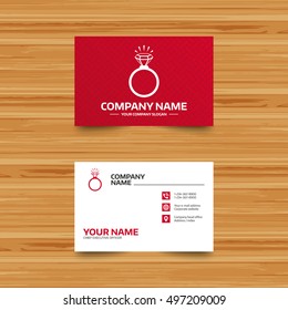 Business card template. Ring sign icon. Jewelry with shine diamond symbol. Wedding or engagement day symbol. Phone, globe and pointer icons. Visiting card design. Vector