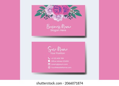 Business Card Template Rose with Anemone Flower .Double-sided Name Card Pink Colors. Flat Design Vector Illustration. Stationery Design