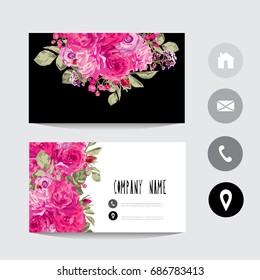 Business card template with rose flowers, design element. Can be used also for greeting cards, banners, invitations, flyers, posters. Decorative flowers in watercolor style. All elements are editable