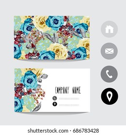 Business card template with rose flowers, design element. Can be used also for greeting cards, banners, invitations, flyers, posters. Decorative flowers in watercolor style. All elements are editable