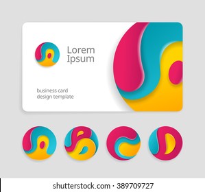 Business card template with round abstract letters logotype. Trendy color logo design.