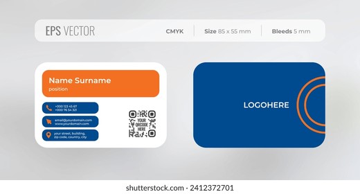 Business card template with rounded edges, blue and orange colors, modern minimal style, icons for contact information
