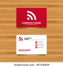 Business card template. RSS sign icon. RSS feed symbol. Phone, globe and pointer icons. Visiting card design. Vector