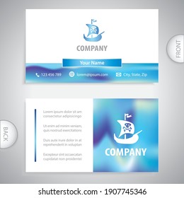 Business card template. Sailboat with a pirate flag. Icon for sport yacht clubs and sea resorts. Concept for shipping and recreation.