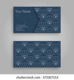 Business card template with sashiko design. Vintage decorative elements.Traditional Japanese Embroidery Ornament with fans