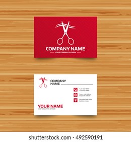 Business card template. Scissors cut hair sign icon. Hairdresser or barbershop symbol. Phone, globe and pointer icons. Visiting card design. Vector