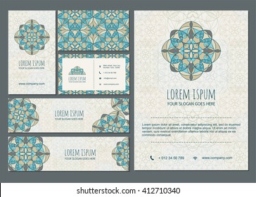 conjunto de plantillas de tarjeta de presentación con fondo de patrón mandala.Diseño de identidad corporativa. Diseño del volante. diseño estilo boho