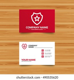 Business card template. Shield with star icon. Favorite protection symbol. Phone, globe and pointer icons. Visiting card design. Vector