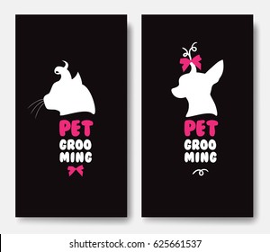 Business card template with silhouettes of cat and a dog on blac