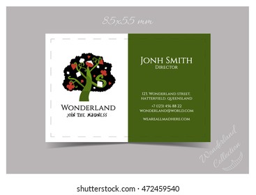 Business Card Template Size 85x55 - Tree from Wonderland Garden or Forest. Print Ready Vector Illustration for Graphic Projects, Real Life Parties and the Internet.
