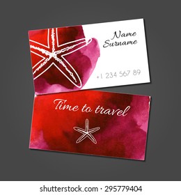 Business card template with starfish on red watercolor stain. Corporate identity for tourist agency.