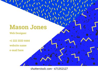 Business card template in the style of Memphis. Bright yellow and ultramarine colors. A pattern of zigzags and black smudges or splatters of paint. UK standard size 85x55 mm. Withe bleed size 3 mm.