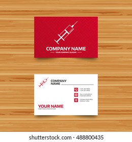 Business card template. Syringe sign icon. Medicine symbol. Phone, globe and pointer icons. Visiting card design. Vector