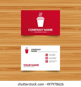 Business card template. Take a Coffee sign icon. Hot Coffee cup. Phone, globe and pointer icons. Visiting card design. Vector