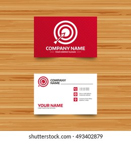 Business card template. Target aim sign icon. Darts board with arrow symbol. Phone, globe and pointer icons. Visiting card design. Vector