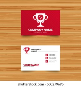 Business card template. Tennis ball sign icon. Sport symbol. Winner award cup. Phone, globe and pointer icons. Visiting card design. Vector