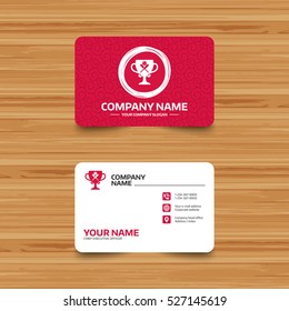Business card template with texture. Baseball bats and ball sign icon. Sport hit equipment symbol. Winner award cup. Phone, web and location icons. Visiting card  Vector