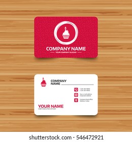 Business card template with texture. Birthday cake sign icon. Cupcake with burning candle symbol. Phone, web and location icons. Visiting card  Vector