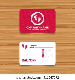 Business card template with texture. Child pair of footprint sign icon. Toddler barefoot symbol. Baby's first steps. Phone, web and location icons. Visiting card  Vector