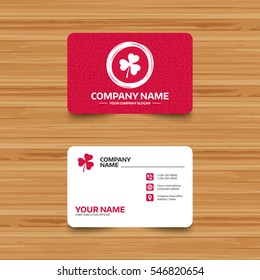 Business card template with texture. Clover with three leaves sign icon. Trifoliate clover. Saint Patrick trefoil symbol. Phone, web and location icons. Visiting card  Vector