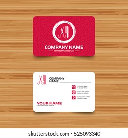 Business card template with texture. Comb hair with scissors sign icon. Barber symbol. Phone, web and location icons. Visiting card  Vector