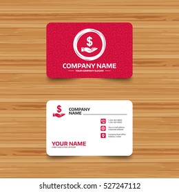 Business card template with texture. Dollar and hand sign icon. Palm holds money USD currency symbol. Phone, web and location icons. Visiting card  Vector