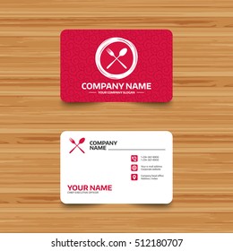 Business card template with texture. Eat sign icon. Cutlery symbol. Fork and spoon crosswise. Phone, web and location icons. Visiting card  Vector