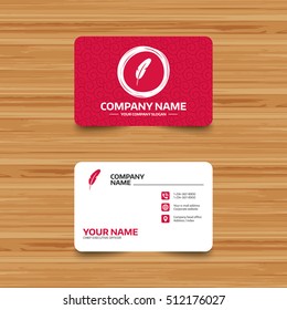 Business card template with texture. Feather sign icon. Retro pen symbol. Light weight symbol. Phone, web and location icons. Visiting card  Vector