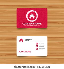 Business card template with texture. Fire flame sign icon. Heat symbol. Stop fire. Escape from fire. Phone, web and location icons. Visiting card  Vector