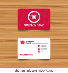 Business Card Template With Texture. Food Sign Icon. Cutlery Symbol. Knife And Fork, Dish. Phone, Web And Location Icons. Visiting Card  Vector