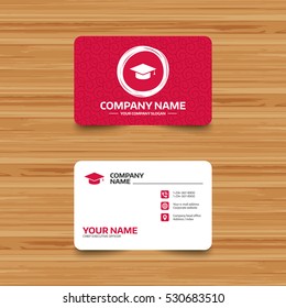 Business card template with texture. Graduation cap sign icon. Higher education symbol. Phone, web and location icons. Visiting card  Vector