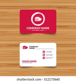 Business card template with texture. Hamburger icon. Burger food symbol. Cheeseburger sandwich sign. Phone, web and location icons. Visiting card  Vector