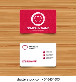 Business card template with texture. Heart sign icon. Love symbol. Phone, web and location icons. Visiting card  Vector