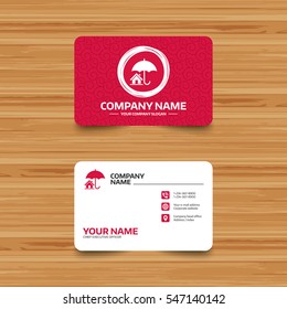 Business card template with texture. Home insurance sign icon. Real estate insurance symbol. Phone, web and location icons. Visiting card  Vector