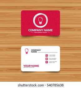 Business card template with texture. Light bulb icon. Lamp E27 screw socket symbol. Led light sign. Phone, web and location icons. Visiting card  Vector