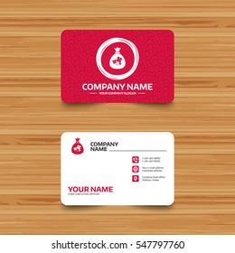 Business card template with texture. Money bag with Clovers sign icon. Saint Patrick symbol. Phone, web and location icons. Visiting card  Vector