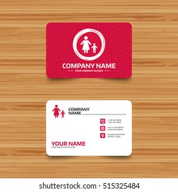 Business card template with texture. One-parent family with one child sign icon. Mother with son symbol. Phone, web and location. Visiting card  Vector