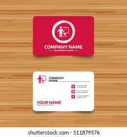 Business card template with texture. Presentation sign icon. Man standing with pointer. Blank empty billboard symbol. Phone, web and location icons. Visiting card  Vector