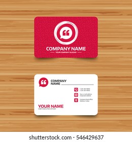Business card template with texture. Quote sign icon. Quotation mark in speech bubble symbol. Double quotes. Phone, web and location icons. Visiting card  Vector