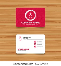 Business card template with texture. Ring sign icon. Jewelry with shine diamond symbol. Wedding or engagement day symbol. Phone, web and location icons. Visiting card  Vector