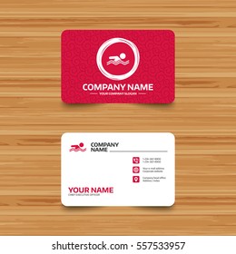 Business card template with texture. Swimming sign icon. Pool swim symbol. Sea wave. Phone, web and location icons. Visiting card  Vector