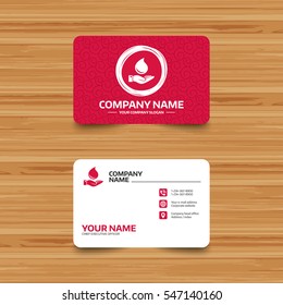Business card template with texture. Water drop and hand sign. Save water symbol. Phone, web and location icons. Visiting card  Vector