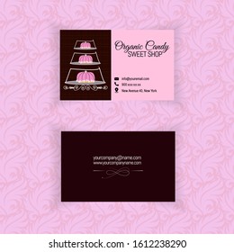 business card template with three-tier cake stand with pink cakes. vector. Business card is great for sweet shops, for pastry shops, bakeries, cafes, confectioners, bakers, restaurants 