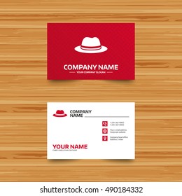 Business card template. Top hat sign icon. Classic headdress symbol. Phone, globe and pointer icons. Visiting card design. Vector