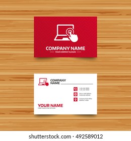 Business card template. Touch screen laptop sign icon. Hand pointer symbol. Phone, globe and pointer icons. Visiting card design. Vector