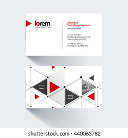 Business card template with triangles and arrows for business and communication in flat style with grid connection concept. Minimal, simple and clean design. Creative corporate vector layout.