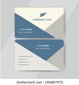 Business card template vector. Flat simple design of business card layout with logo sample, blue, white and gray colored.